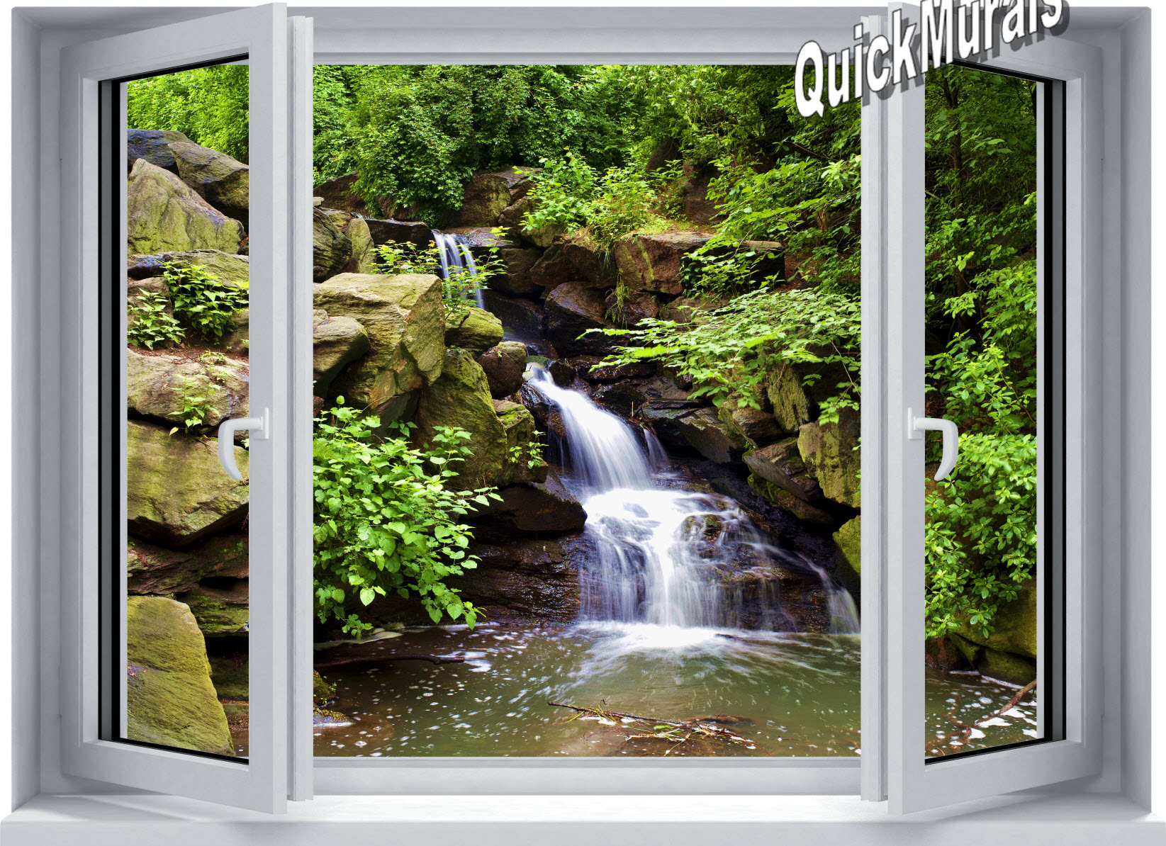 Mountain Waterfall Window 1Piece Canvas Peel & Stick Wall Mural